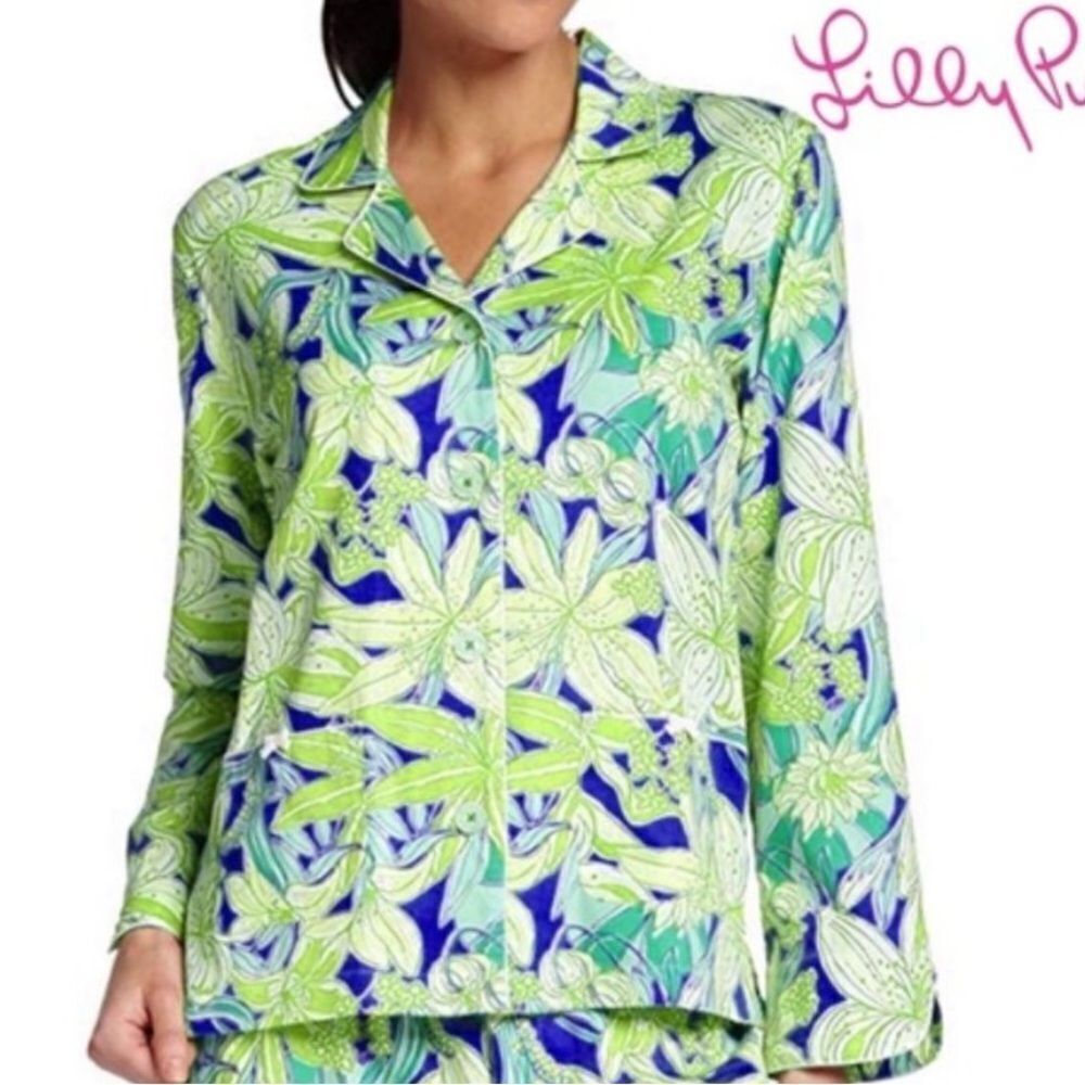 LILLY PULITZER | Pick Of the Bunch Blue Floral Button Pajama Top Women’s Size S
